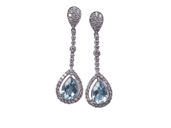 Pear Cut Aquamarine and Diamond Cluster Drop Earrings, 2.00 carats