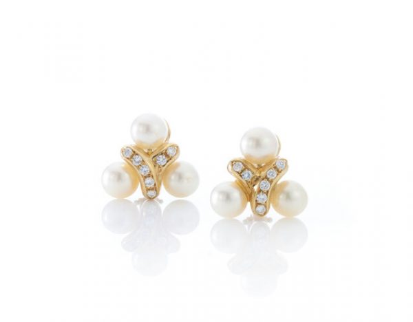 Italian Chantecler Freshwater Pearl, Diamond and 18ct Gold Earrings; tre-foil of freshwater pearls connected by 0.70cts diamond-set intersection, Signed