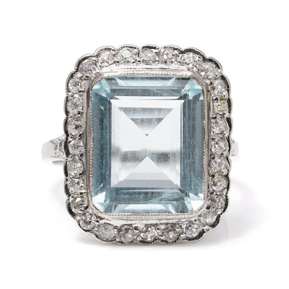 Antique Edwardian 5.5ct Aquamarine and Diamond Cluster Ring