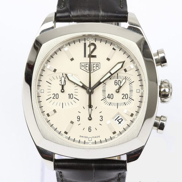 Tag Heuer Monza Re Edition 38mm Stainless Steel Automatic Chronograph Watch with White Dial, Ref. CR2111, on a Tag Heuer black crocodile strap with push-button deployment buckle, Circa 1990s