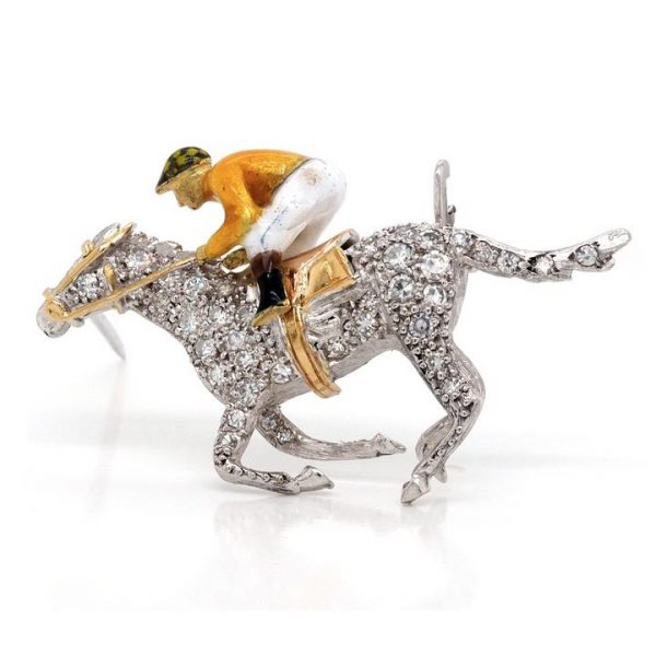 Vintage Enamel and Diamond Set Horse and Jockey Brooch