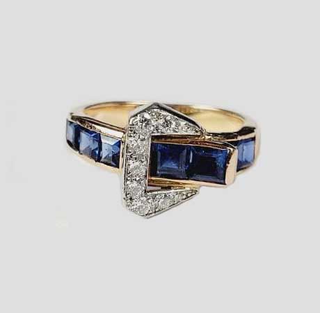 Princess Cut Sapphire and Diamond Buckle Ring