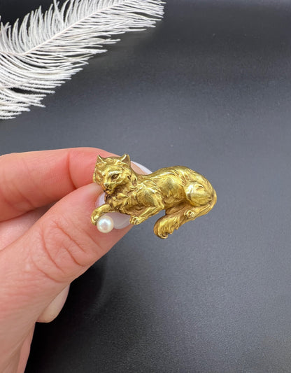 Edwardian 18 Carat Gold Cat Playing with Pearl Ball Brooch, Circa 1910