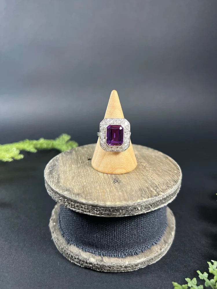 Antique Art Deco Amethyst and Diamond Rectangular Cluster Engagement Ring