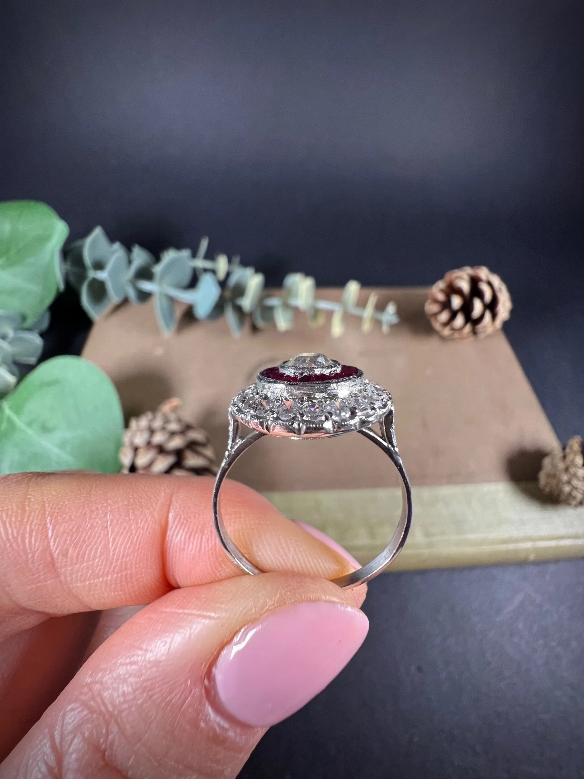 A round cluster ring with rubies and diamonds in white gold, held by a hand