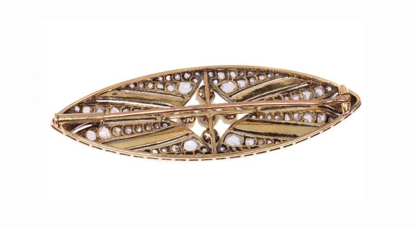 Vintage Art Deco Pearl Onyx and Diamond Brooch, Silver and Gold