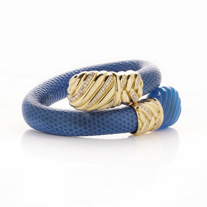 Alexis Barthelay 18ct Yellow Gold, Diamond and Blue Leather Snake Bracelet Watch