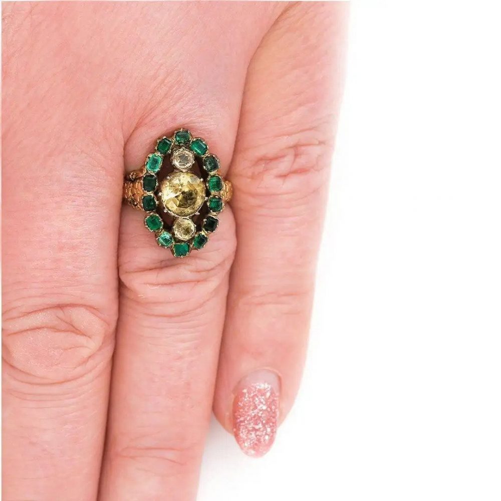Antique Georgian Yellow Topaz and Emerald Navette Cluster Ring, c.1815