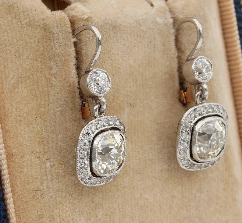 Vintage Estate Old Mine Cut Diamond Drop Earrings, 4.25 carat total