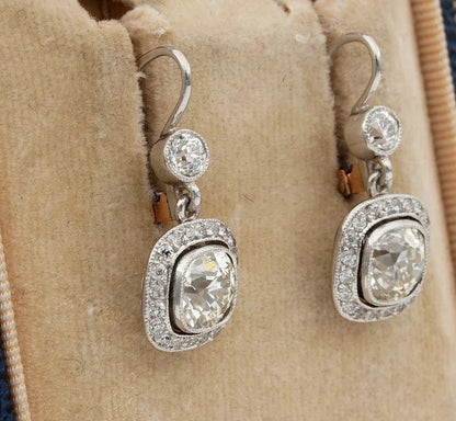 Vintage Estate Old Mine Cut Diamond Drop Earrings, 4.25 carat total