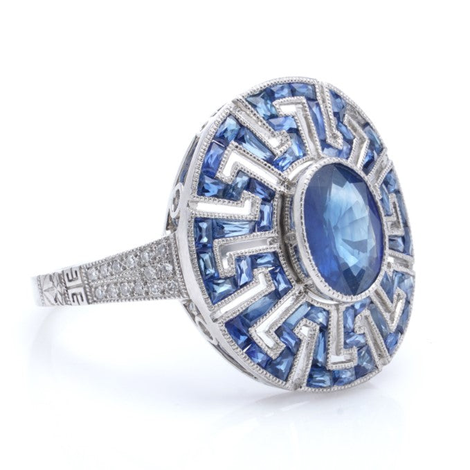 Vintage Art Deco Inspired 2.30ct Sapphire and Diamond Cluster Dress Ring in Platinum