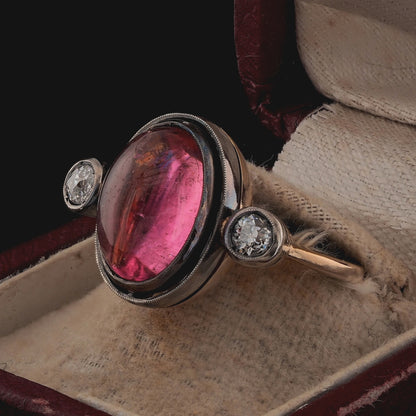 Antique 6ct Cabochon Pink Tourmaline and Old Mine Cut Diamond Trilogy Three Stone Engagement Ring
