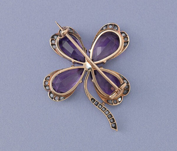 Art Nouveau Amethyst and Diamond Four Leaf Clover Brooch