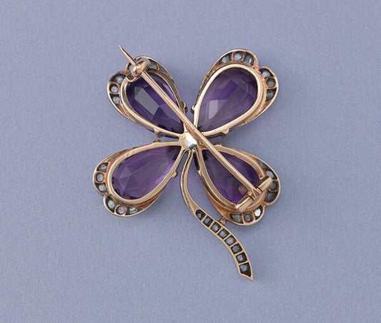 Art Nouveau Amethyst and Diamond Four Leaf Clover Brooch