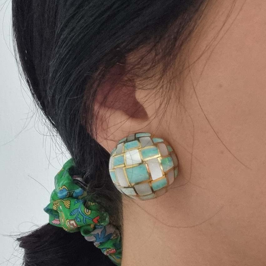 Tiffany and Co Opal and Mother of Pearl Set 18ct Yellow Gold Domed Disc Earrings with post and clip fittings