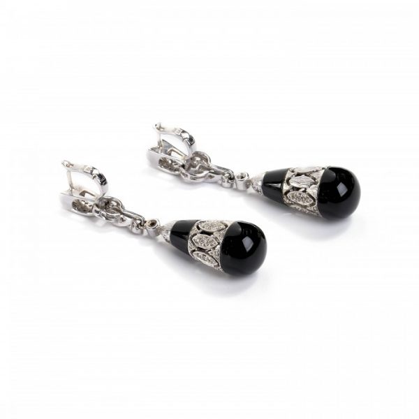 Contemporary Black Onyx and Diamond Drop Earrings