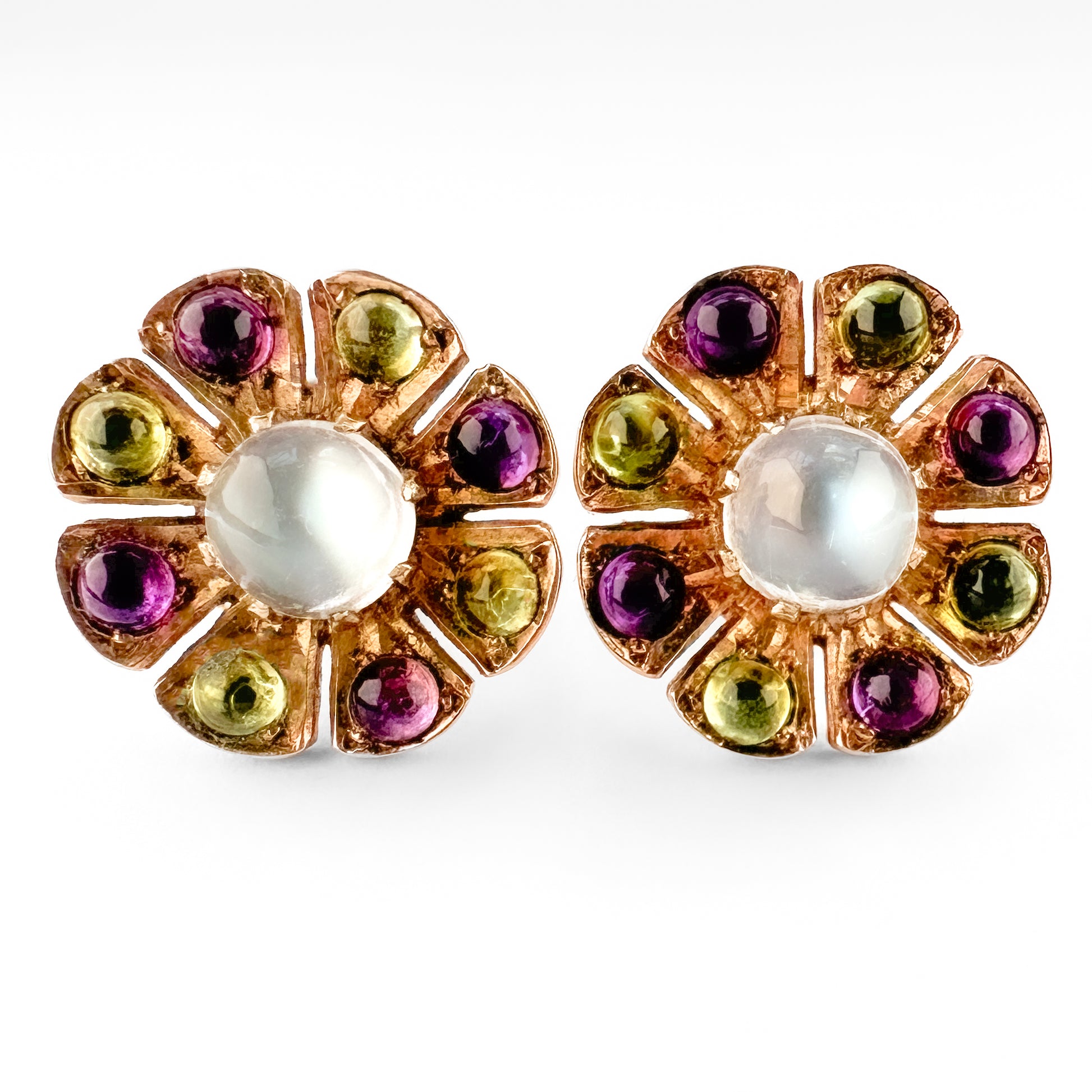 Suffragette Moonstone Peridot Amethyst Flower Cluster Stud Earrings