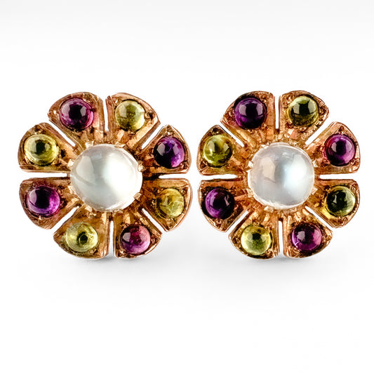 Suffragette Moonstone Peridot Amethyst Flower Cluster Stud Earrings