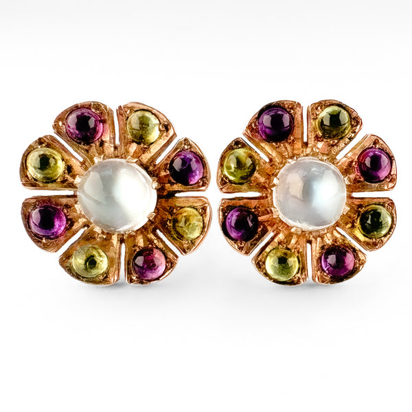 Suffragette Moonstone Peridot Amethyst Flower Cluster Stud Earrings