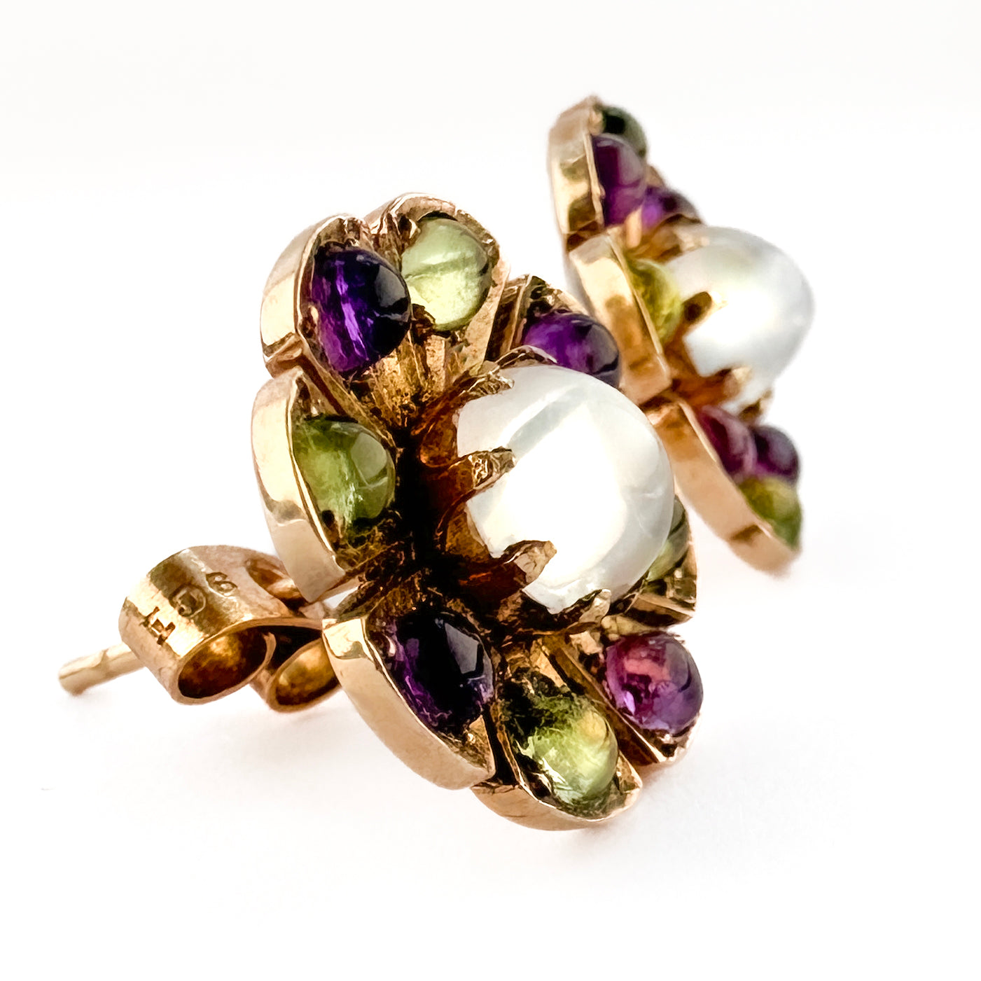 Suffragette Moonstone Peridot Amethyst Flower Cluster Stud Earrings