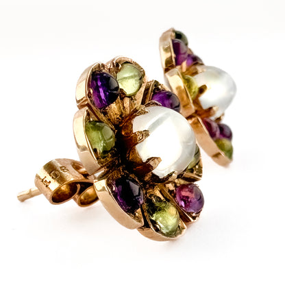 Suffragette Moonstone Peridot Amethyst Flower Cluster Stud Earrings