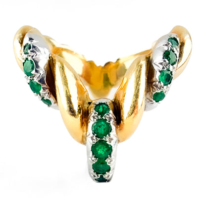 Kutchinsky 1975 Twisted V-Shaped Emerald Ring 18ct gold front view