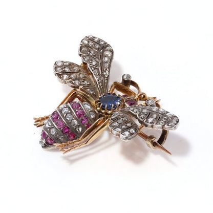 Antique Victorian Rose Cut Diamond, Ruby and Sapphire Insect Brooch