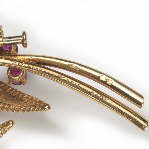 Vintage Boucheron Ruby, Diamond and Gold Floral Spray Brooch