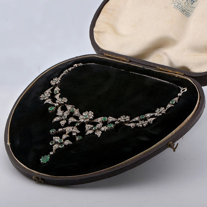 Victorian Antique Emerald and Diamond Floral Cluster Necklace in original antique fitted box