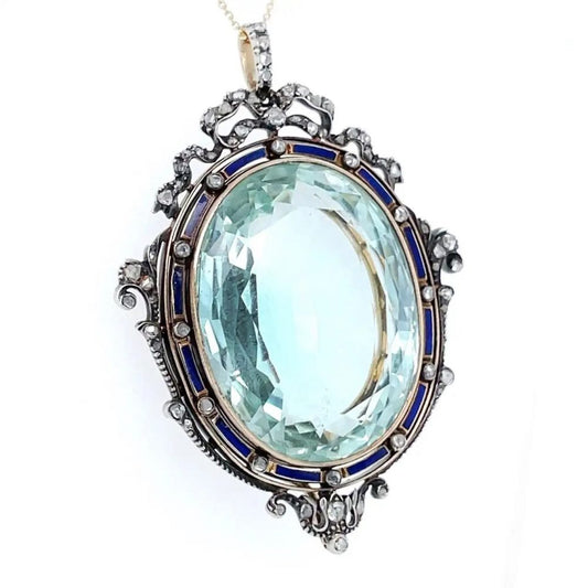 Antique Victorian 75ct Aquamarine Pendant with Blue Enamel and Rose Cut Diamonds