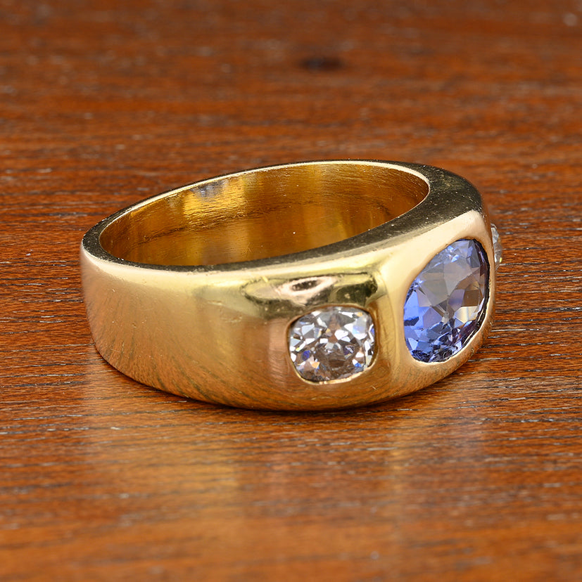 Vintage Certified 2.10ct Ceylon No Heat Sapphire and Diamond Three Stone Gypsy Ring in Chunky 18ct Yellow Gold Band
