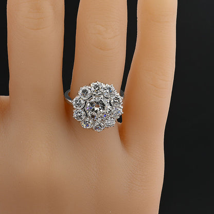 Late Art Deco Certified D VS 1.35ct Diamond Daisy Cluster Engagement Ring in Platinum, 3.19 carat total