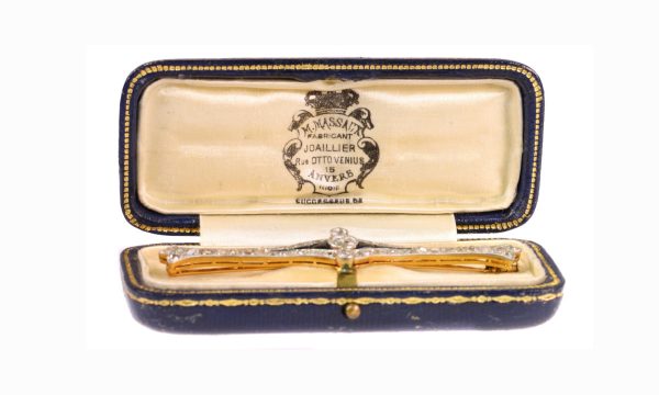 Vintage Art Deco Rose Cut Diamond and Onyx Bar Brooch, 18ct Gold