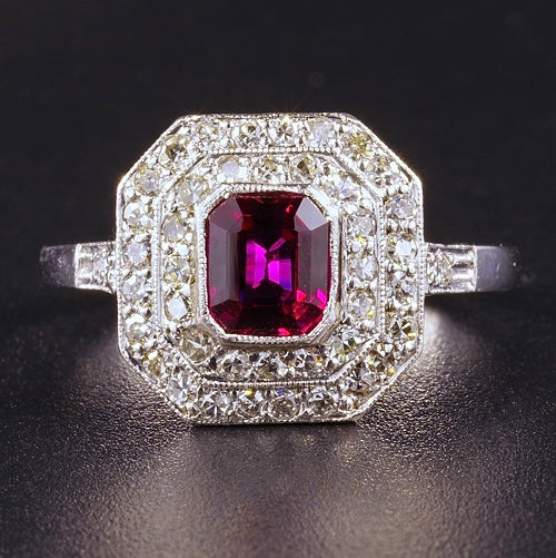 Art Deco 1.15ct Natural Siam Ruby and Diamond Double Cluster Ring