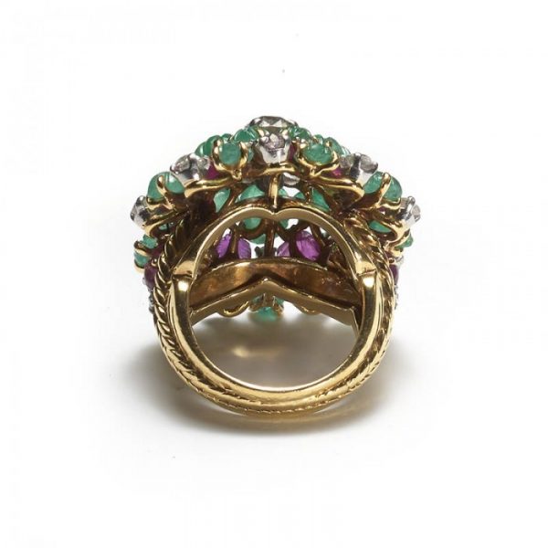 Vintage French Multi Gem Tutti Frutti Domed Cluster Cocktail Ring, 4.50 carats, in 18ct yellow gold, Circa 1950s