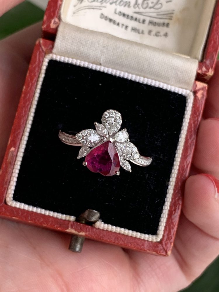 1.35ct Heart Cut Burma Ruby and Diamond Cluster Dress Ring in Platinum