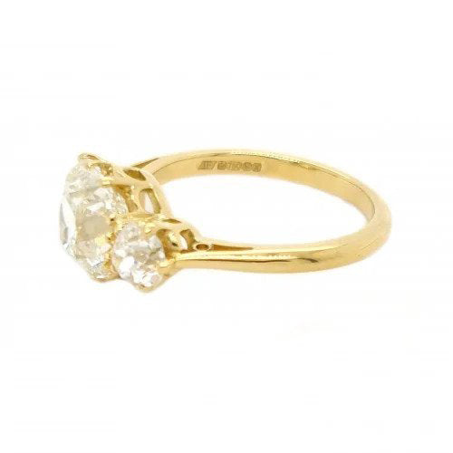 GIA Certified 2ct Cushion Old Cut Diamond Three Stone Ring, 2.87 carat total
