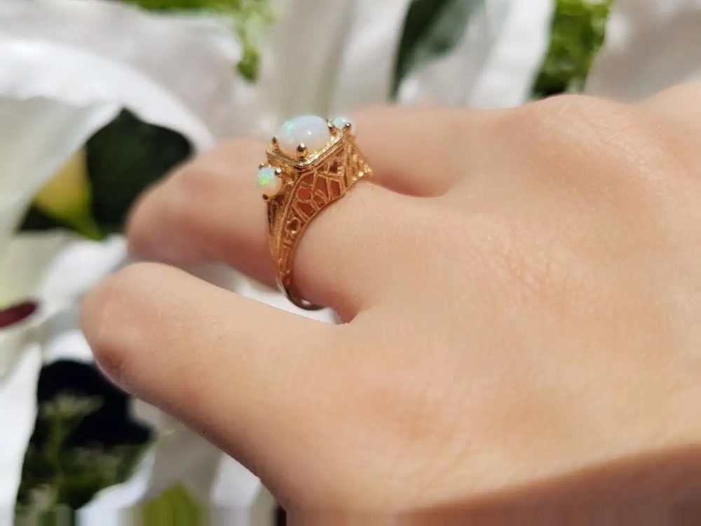 Opal Three Stone Filigree Ring in Yellow Gold