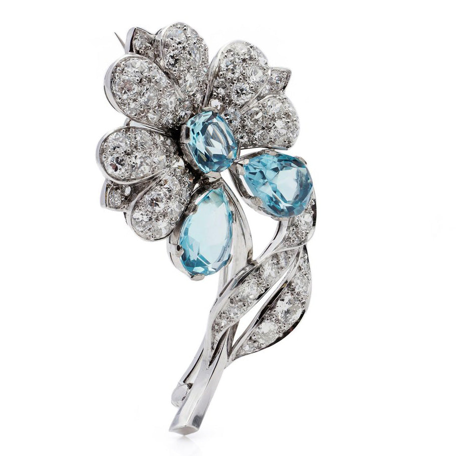 Vintage 3.75ct Aquamarine and Diamond Flower Brooch