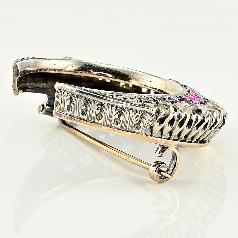 Victorian Antique 3.10ct Old Cut Diamond and Ruby Crescent Moon Brooch