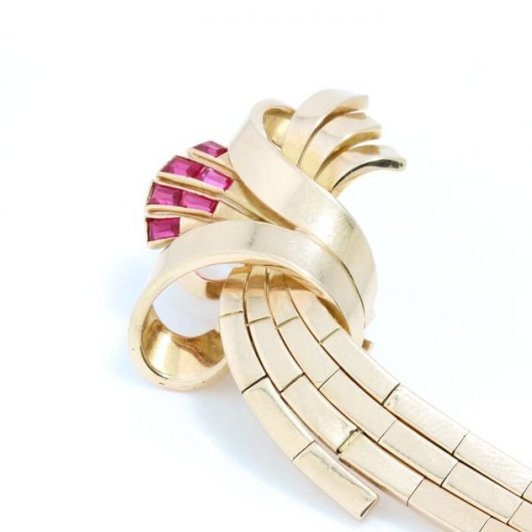 Vintage 18ct Yellow Gold Bow Spray Drop Earrings with Rubies, Circa 1950s-1970s