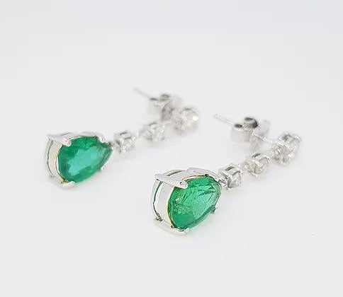 3.95ct Pear Shaped Emerald and Diamond Drop Earrings, 18ct White Gold