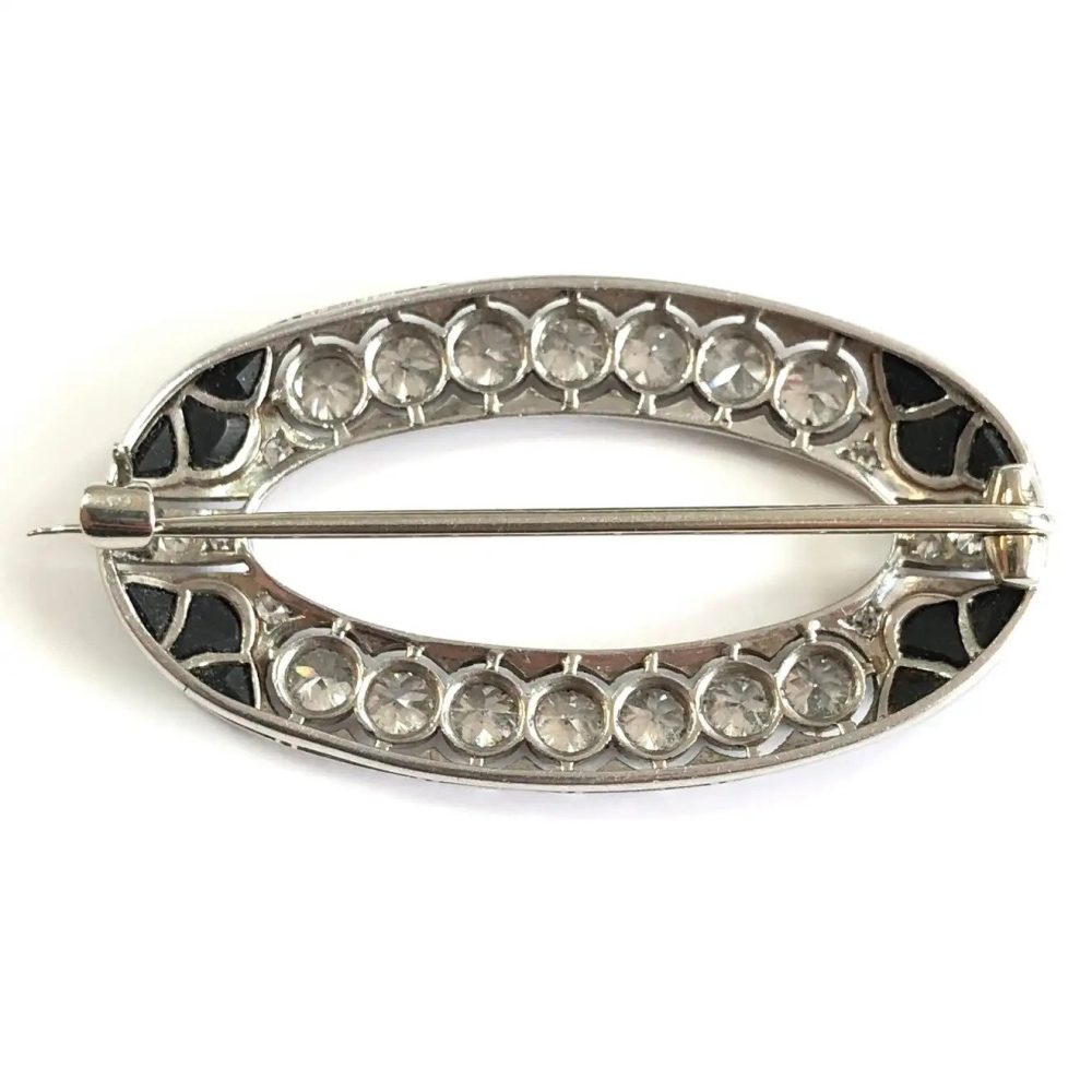 Art Deco 2ct Diamond and Onyx Oval Brooch