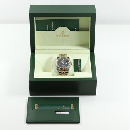 Rolex Oyster Perpetual Mens Datejust 116223; stainless steel and gold 36mm case and jubilee bracelet, black dial, sapphire crystal, date indicator, automatic, Rolex box and papers