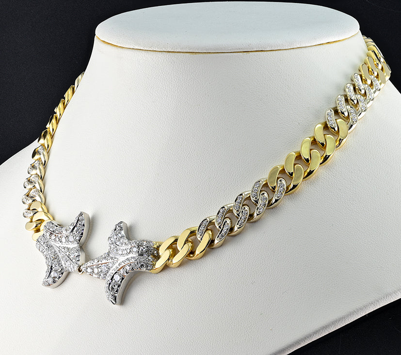 Vintage Italian 1940s Retro Diamond Set Gold and Platinum Curb Link Necklace with Fleur de Lys, 13.30 carat total