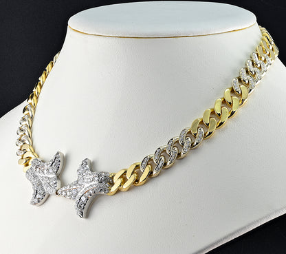 Vintage Italian 1940s Retro Diamond Set Gold and Platinum Curb Link Necklace with Fleur de Lys, 13.30 carat total
