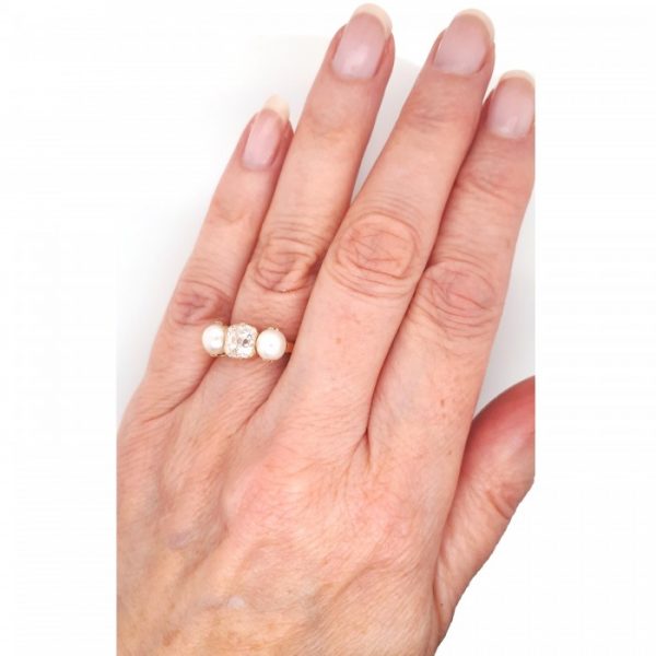 Antique Victorian Natural Pearl and Old Cut Diamond Three Stone Ring