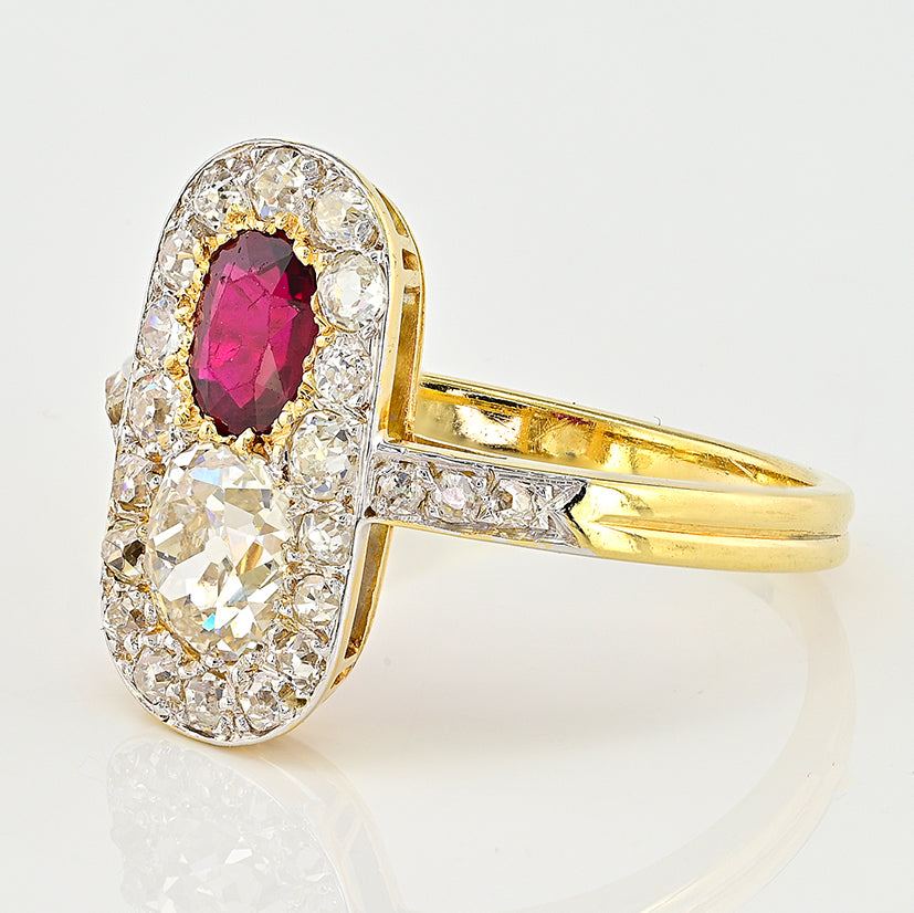 Edwardian Antique Natural No Heat Ruby and Old Mine Cut Diamond Two Stone Cluster Plaque Ring in Platinum and 18ct Yellow Gold