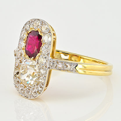 Edwardian Antique Natural No Heat Ruby and Old Mine Cut Diamond Two Stone Cluster Plaque Ring in Platinum and 18ct Yellow Gold