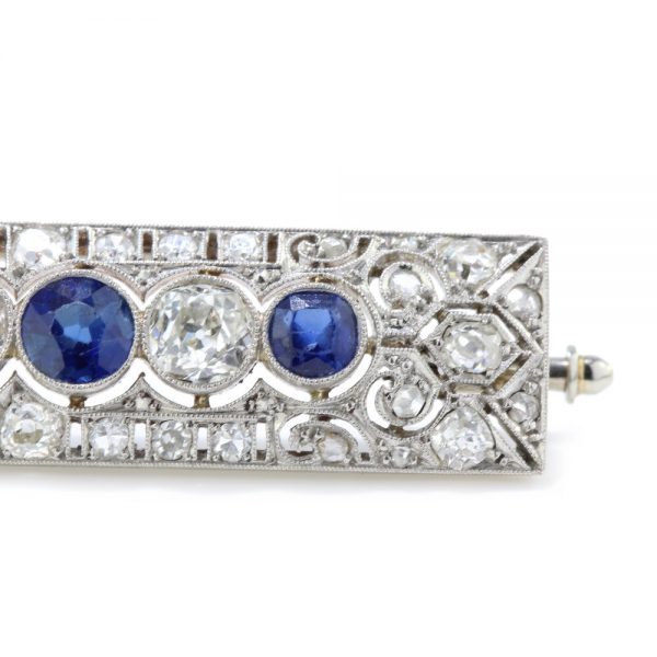 Art Deco Old Cut Diamond, Sapphire and Platinum Brooch, 2.05 carats